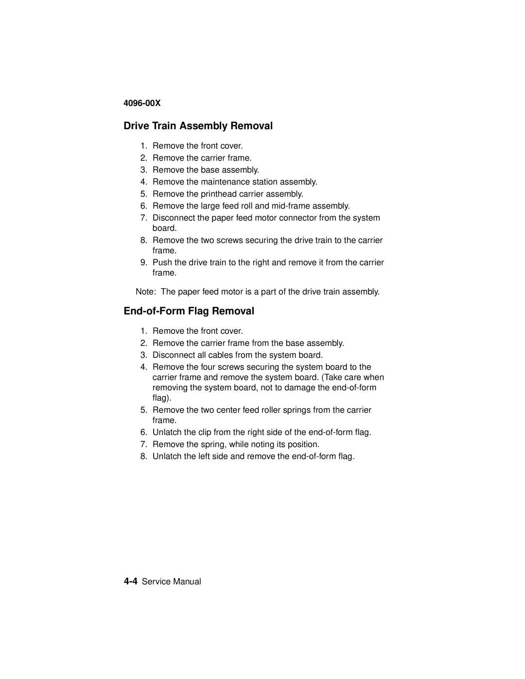 Lexmark 1100, 1000 manual Drive Train Assembly Removal, End-of-Form Flag Removal 