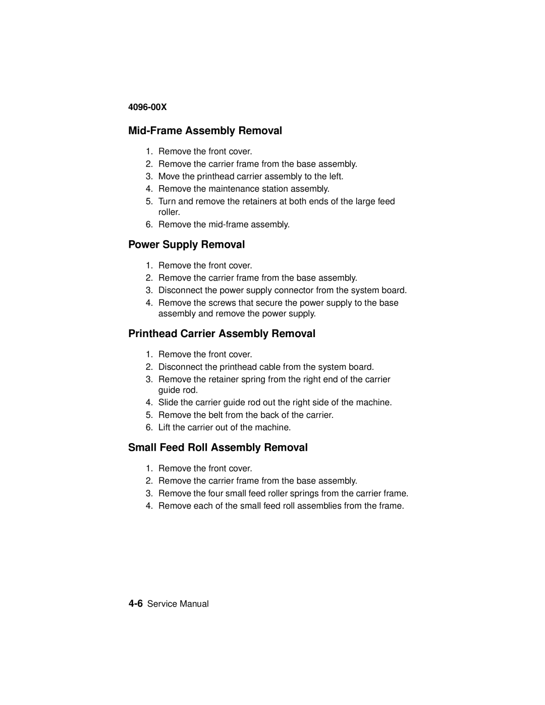 Lexmark 1100, 1000 manual Mid-Frame Assembly Removal, Power Supply Removal, Printhead Carrier Assembly Removal 