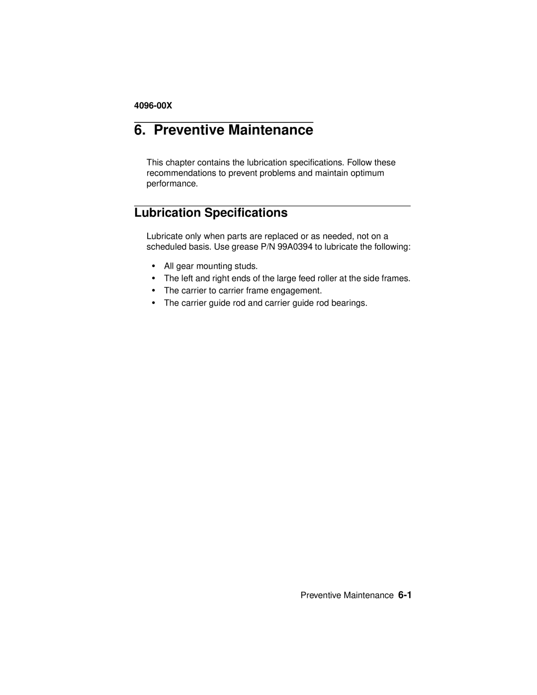 Lexmark 1000, 1100 manual Preventive Maintenance, Lubrication Specifications 