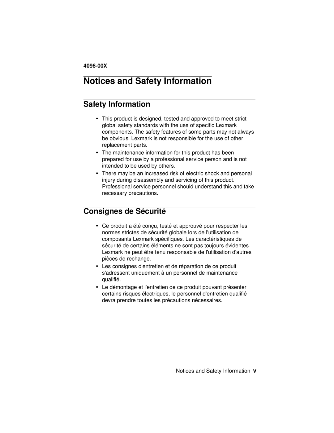 Lexmark 1000, 1100 manual Safety Information, Consignes de Sécurité 