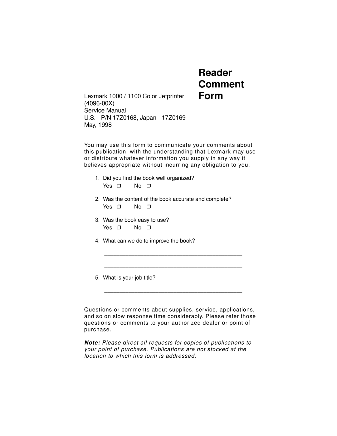 Lexmark 1000, 1100 manual Reader Comment Form 