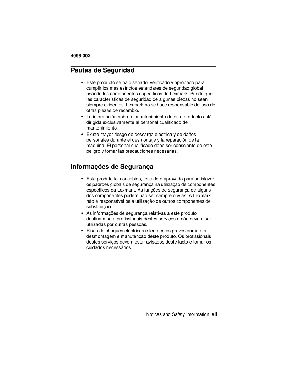 Lexmark 1000, 1100 manual Pautas de Seguridad, Informações de Segurança 