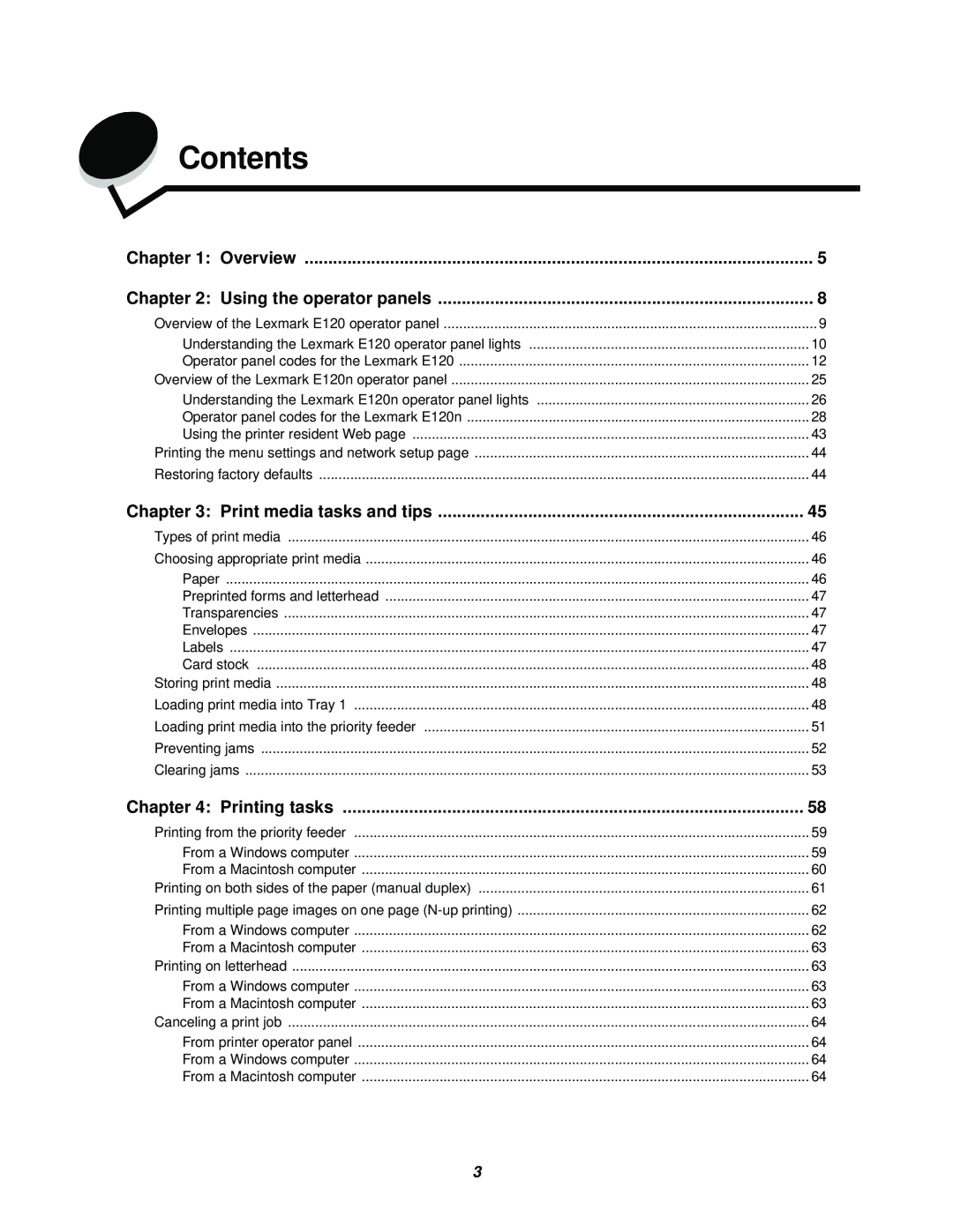 Lexmark 120 manual Contents, Overview, Using the operator panels, Print media tasks and tips, Printing tasks 