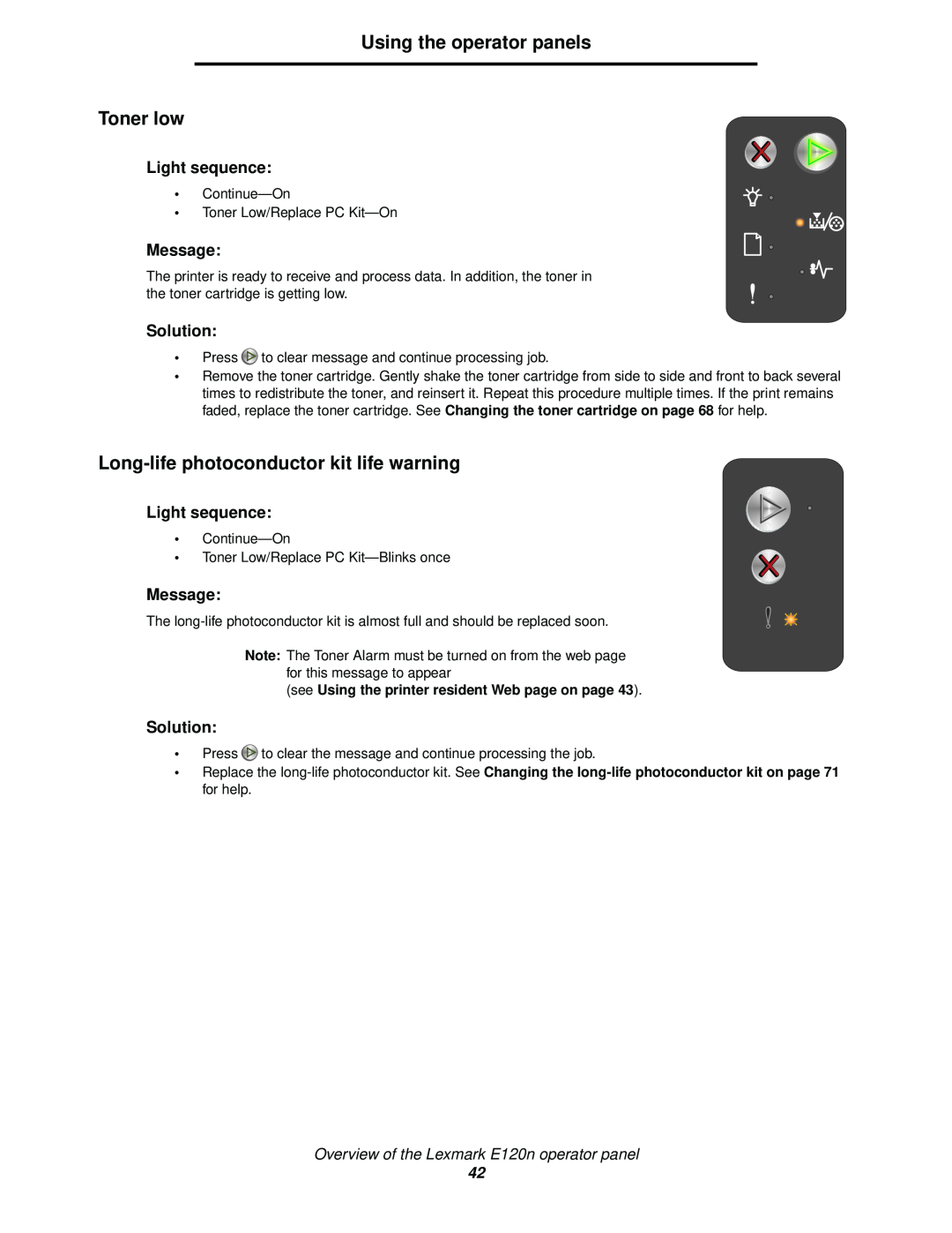 Lexmark 120 manual Using the operator panels Toner low, Long-life photoconductor kit life warning, Light sequence, Message 