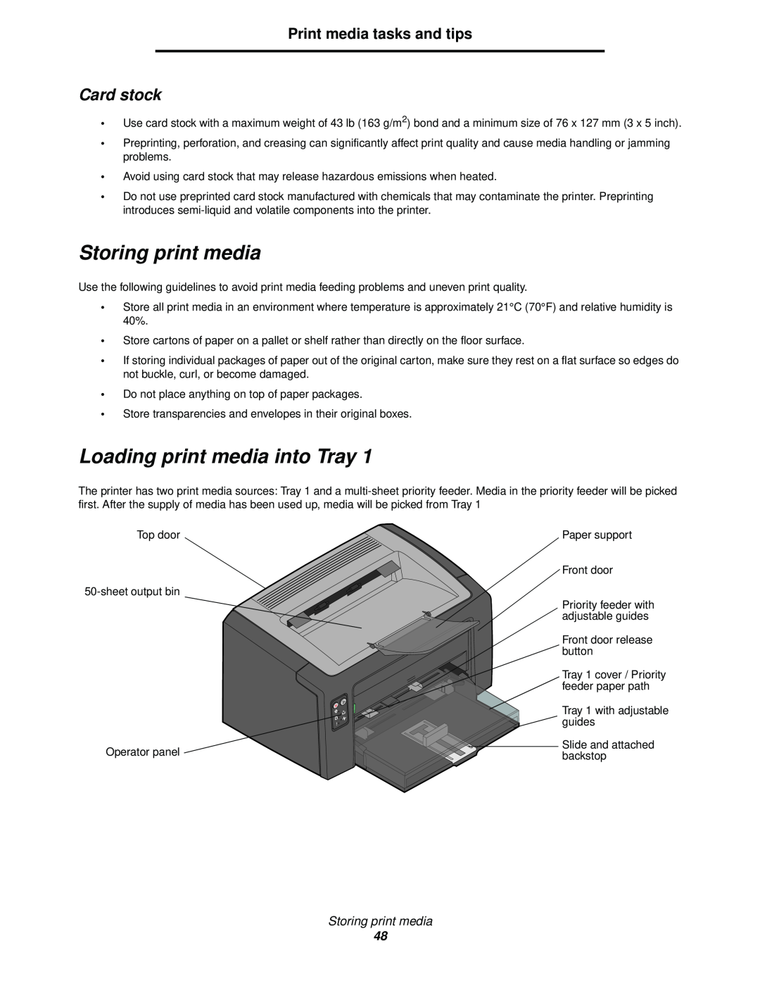 Lexmark 120 manual Storing print media, Loading print media into Tray, Card stock, Print media tasks and tips 