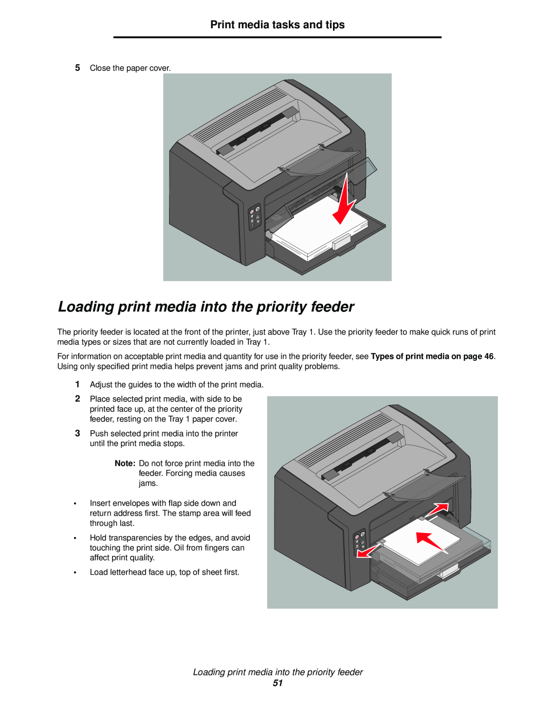 Lexmark 120 manual Loading print media into the priority feeder, Print media tasks and tips 