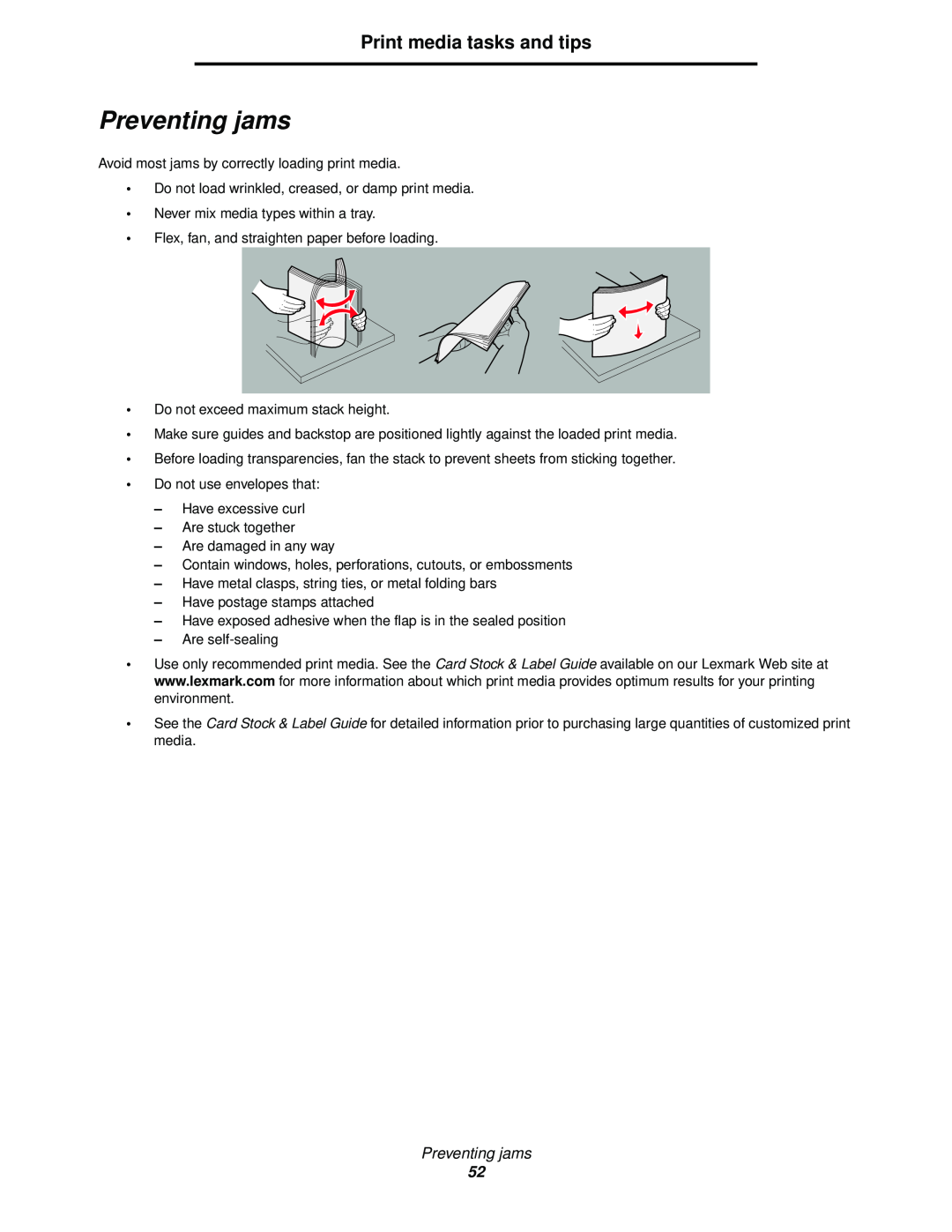 Lexmark 120 manual Preventing jams, Print media tasks and tips 