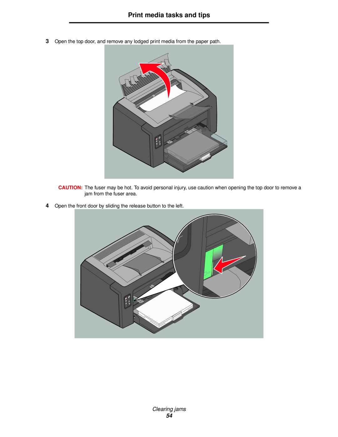 Lexmark 120 manual Print media tasks and tips, Clearing jams, Open the front door by sliding the release button to the left 
