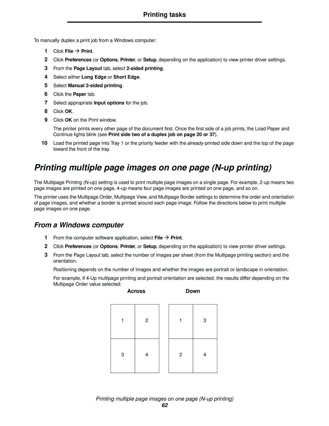 Lexmark 120 Printing multiple page images on one page N-up printing, AcrossDown, Select either Long Edge or Short Edge 