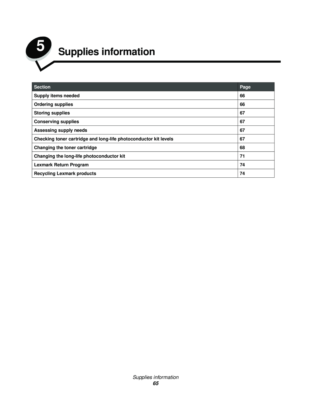 Lexmark 120 Supplies information, Supply items needed, Ordering supplies, Storing supplies, Conserving supplies, Section 