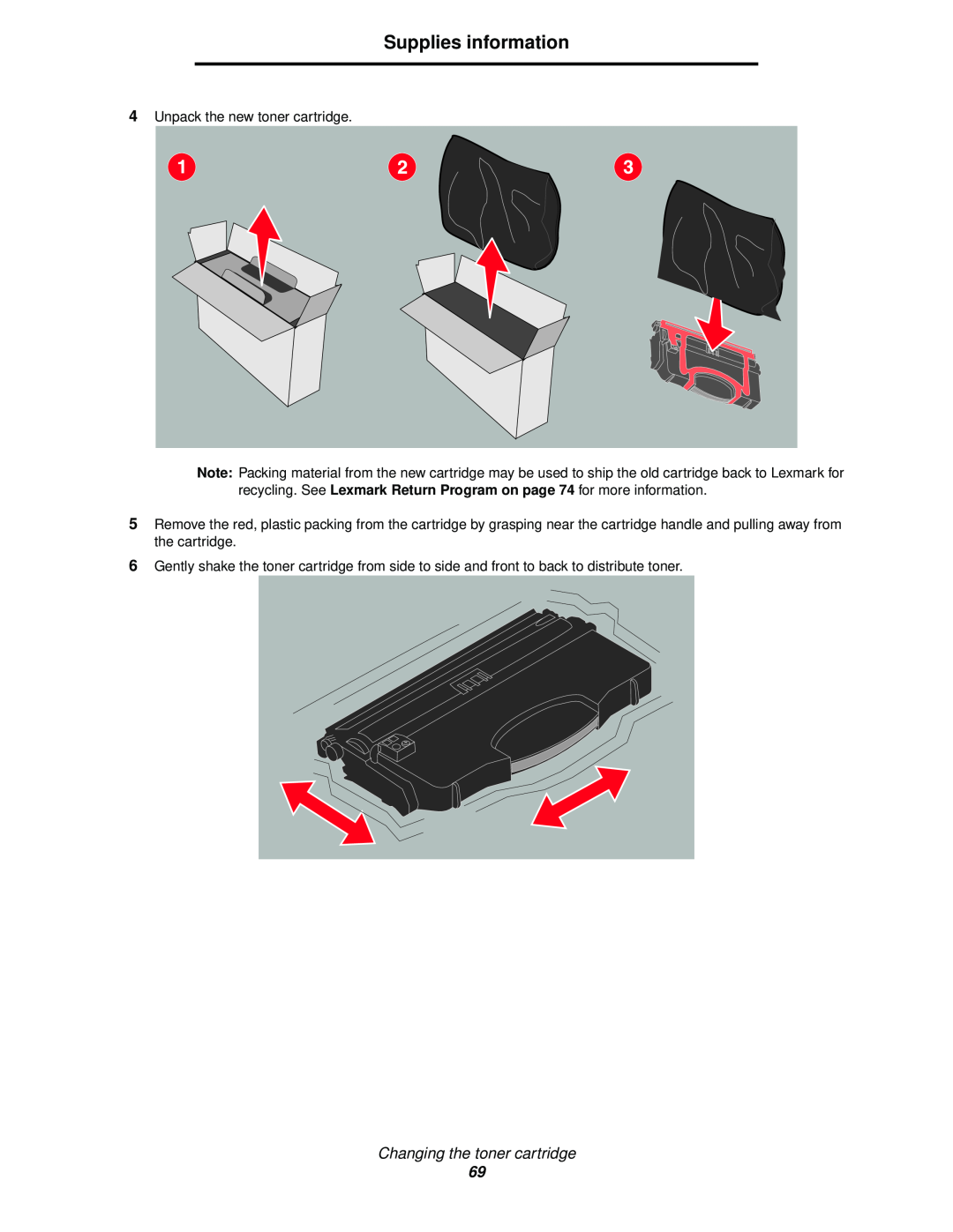 Lexmark 120 manual Supplies information, Changing the toner cartridge, Unpack the new toner cartridge 