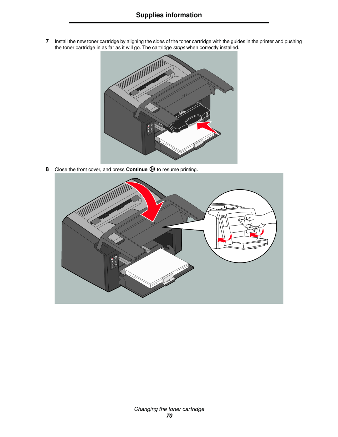Lexmark 120 manual Supplies information, Changing the toner cartridge 