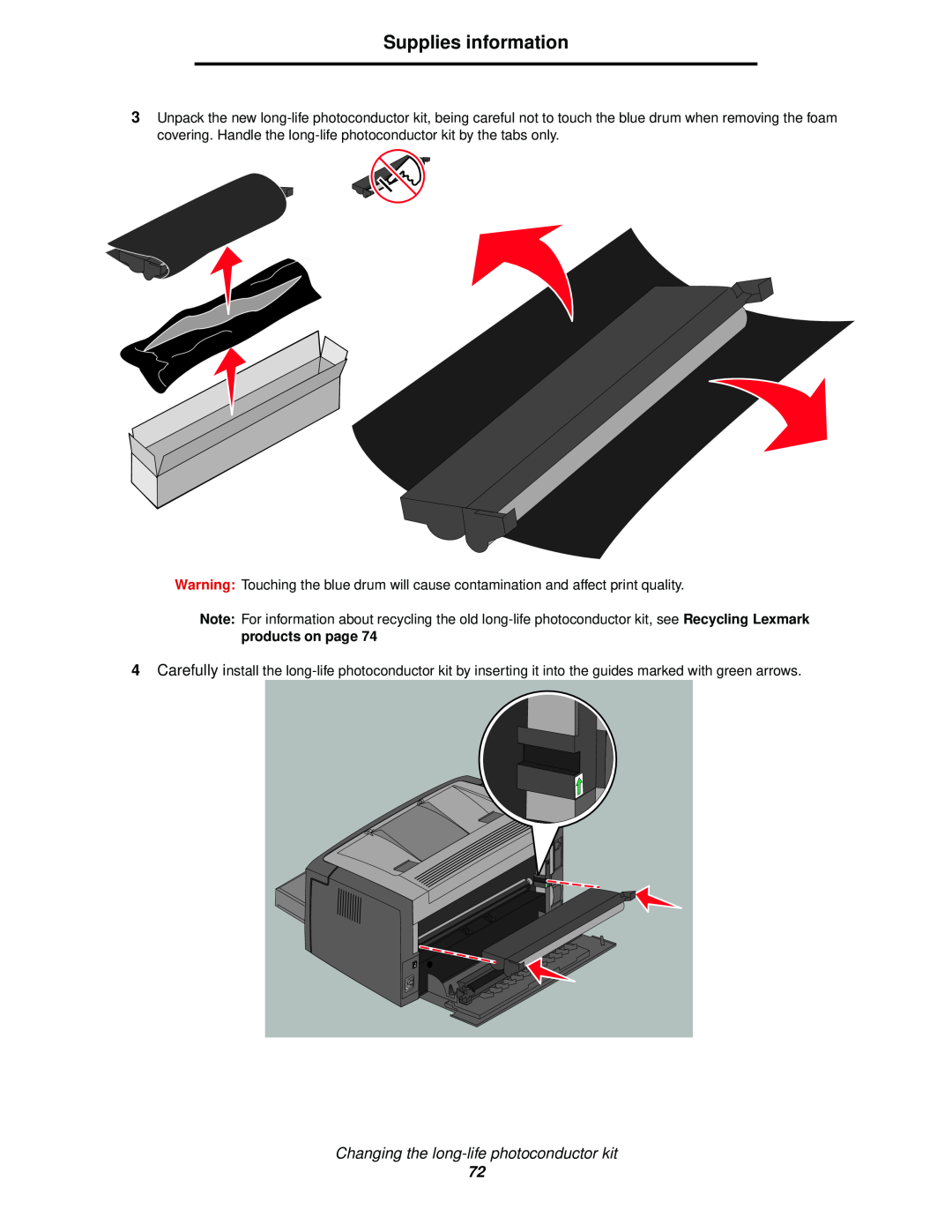 Lexmark 120 manual Supplies information, Changing the long-life photoconductor kit 