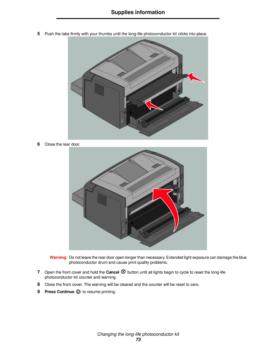 Lexmark 120 manual Supplies information, Changing the long-life photoconductor kit, Close the rear door 