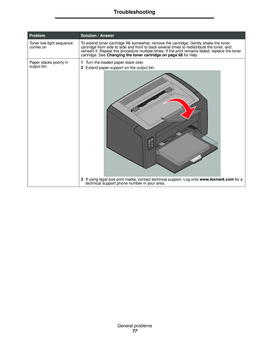Lexmark 120 cartridge. See Changing the toner cartridge on page 68 for help, Troubleshooting, General problems, Problem 