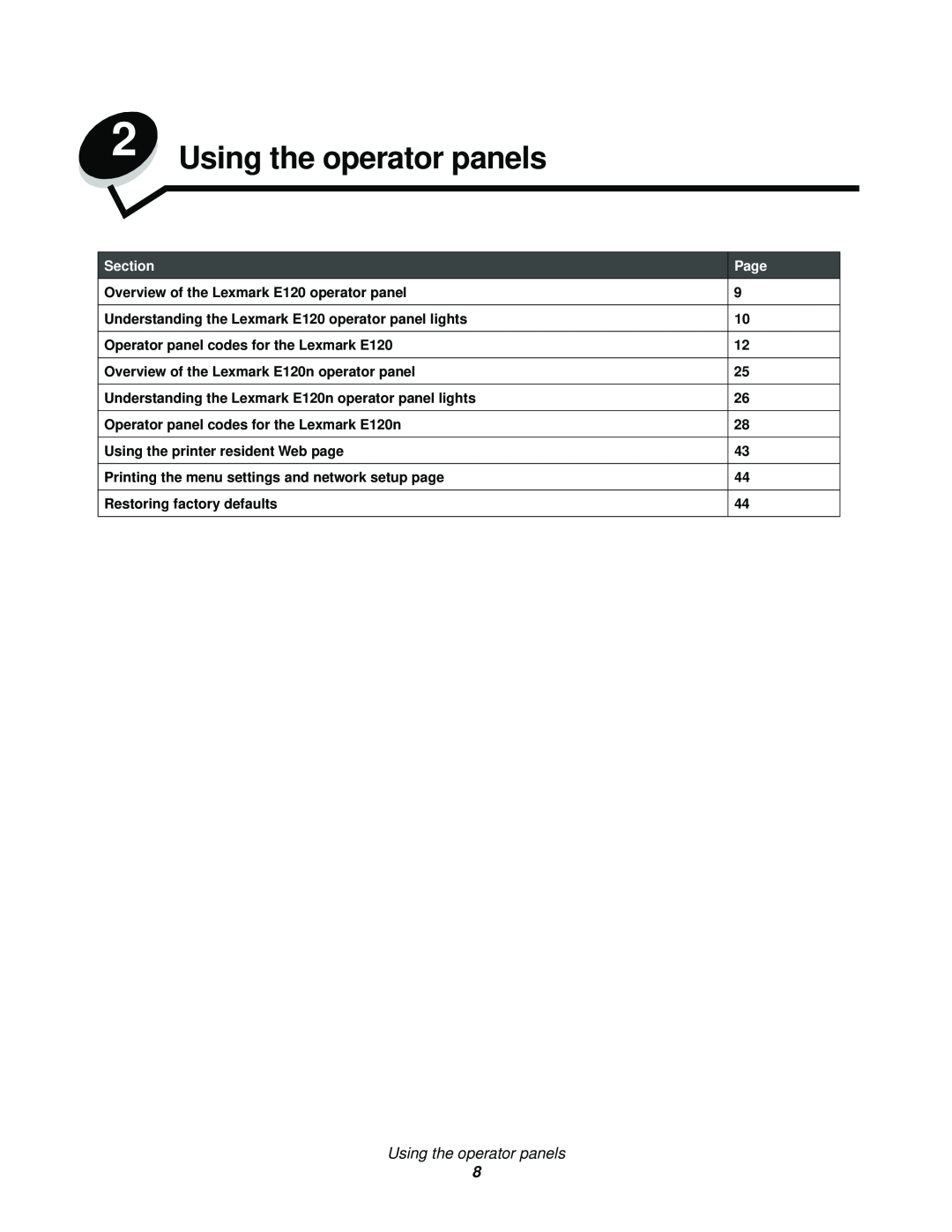 Lexmark manual Using the operator panels, Section, Page, Overview of the Lexmark E120 operator panel 