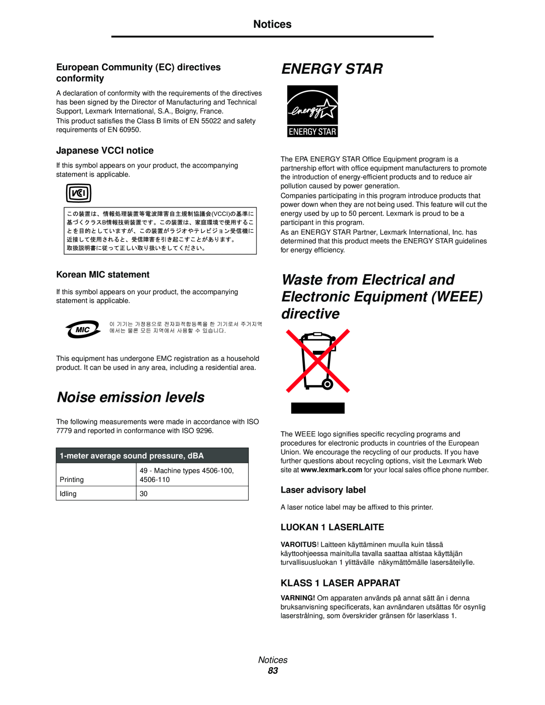 Lexmark 120 Energy Star, Noise emission levels, Waste from Electrical and Electronic Equipment WEEE directive, Notices 