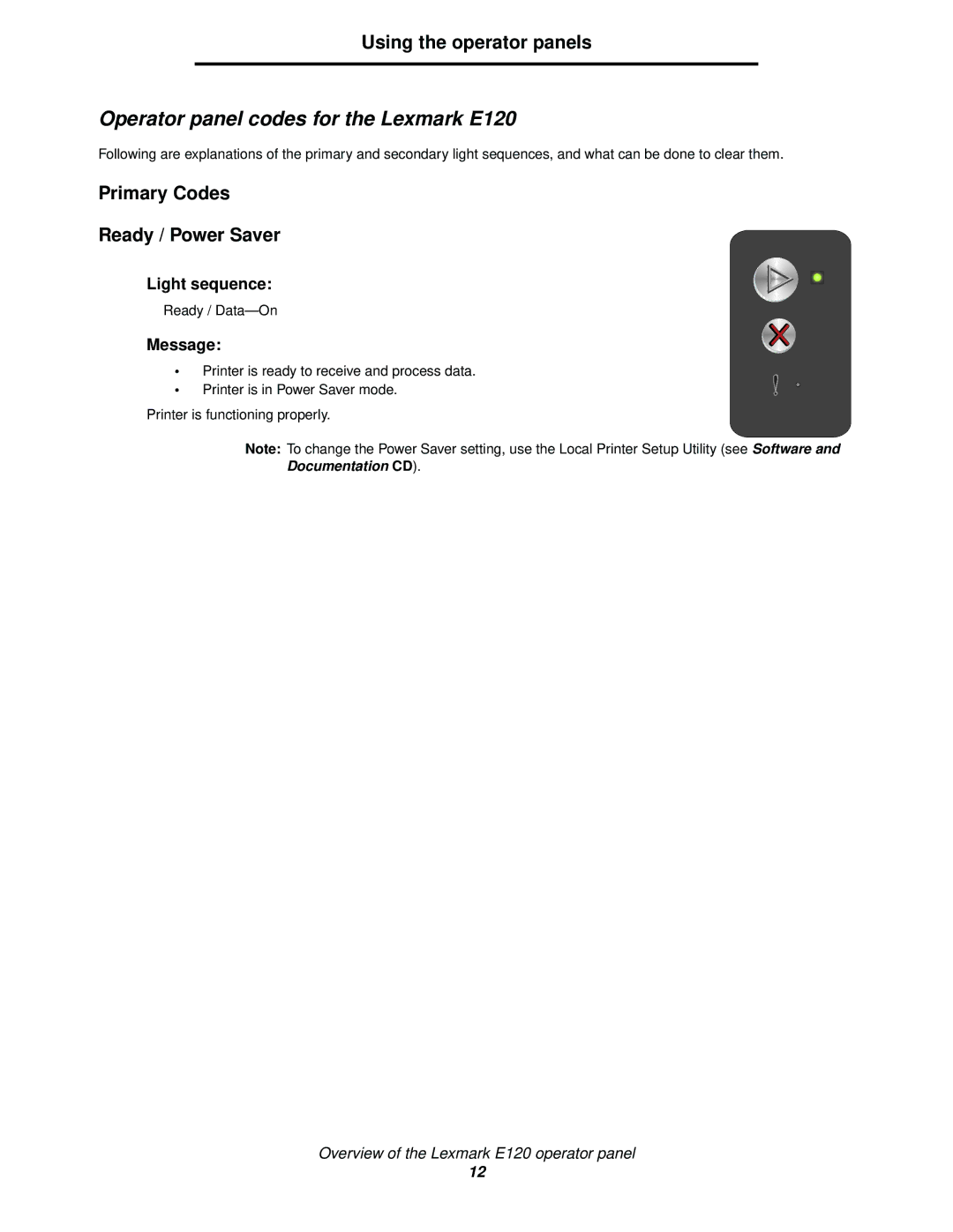 Lexmark manual Operator panel codes for the Lexmark E120, Primary Codes Ready / Power Saver 