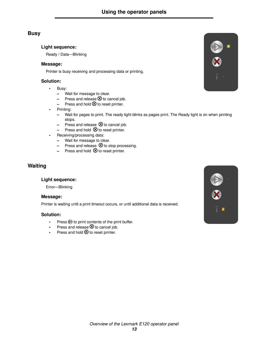 Lexmark 120 manual Using the operator panels Busy, Waiting 