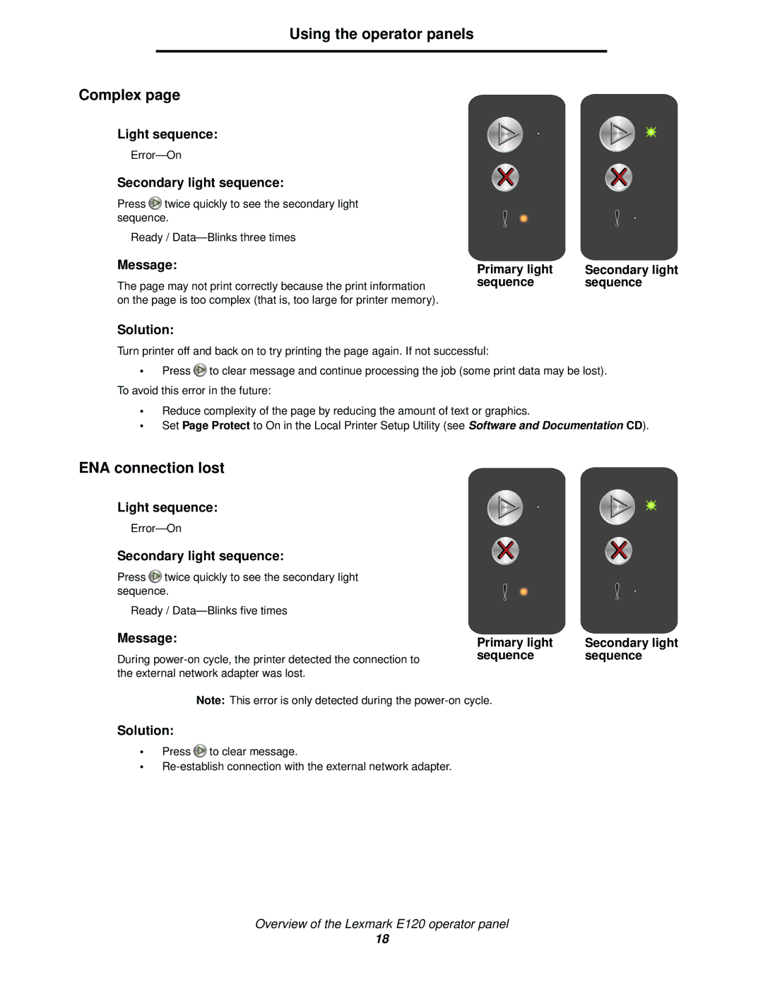 Lexmark 120 manual Using the operator panels Complex, ENA connection lost 