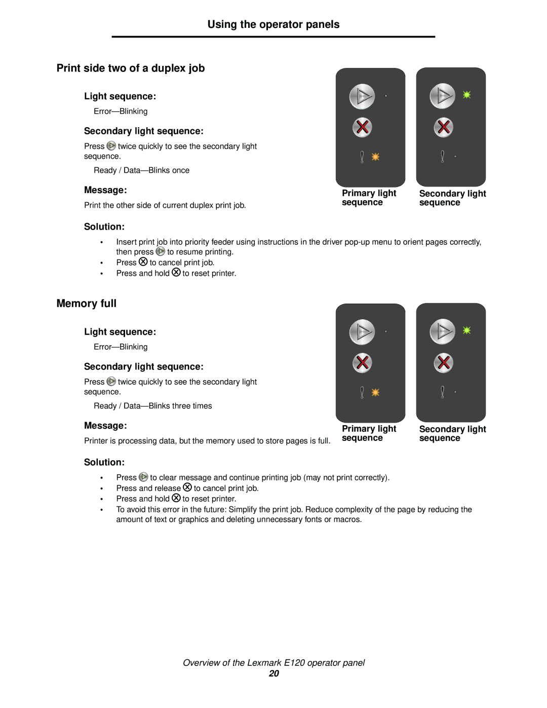 Lexmark 120 manual Using the operator panels Print side two of a duplex job, Memory full 