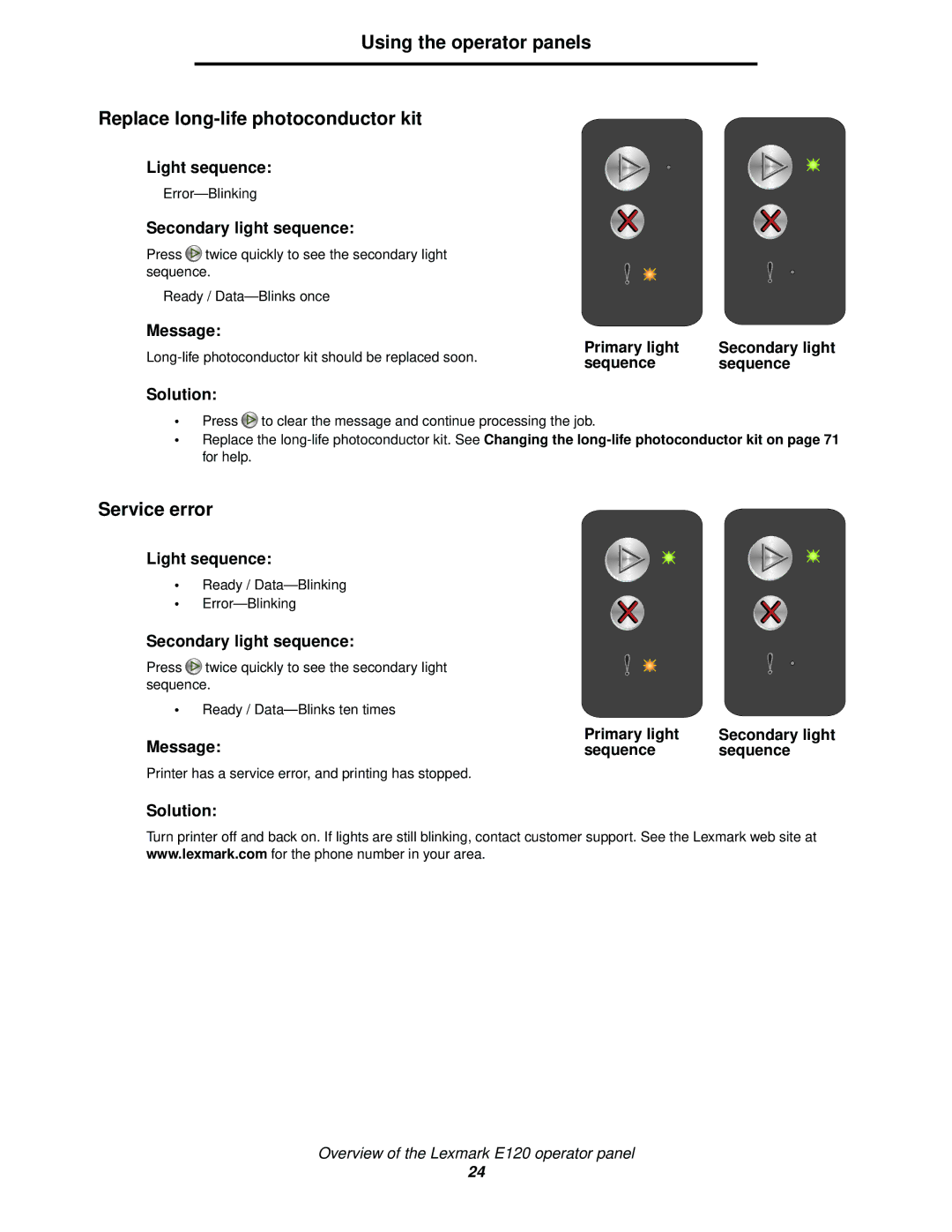 Lexmark 120 manual Service error 