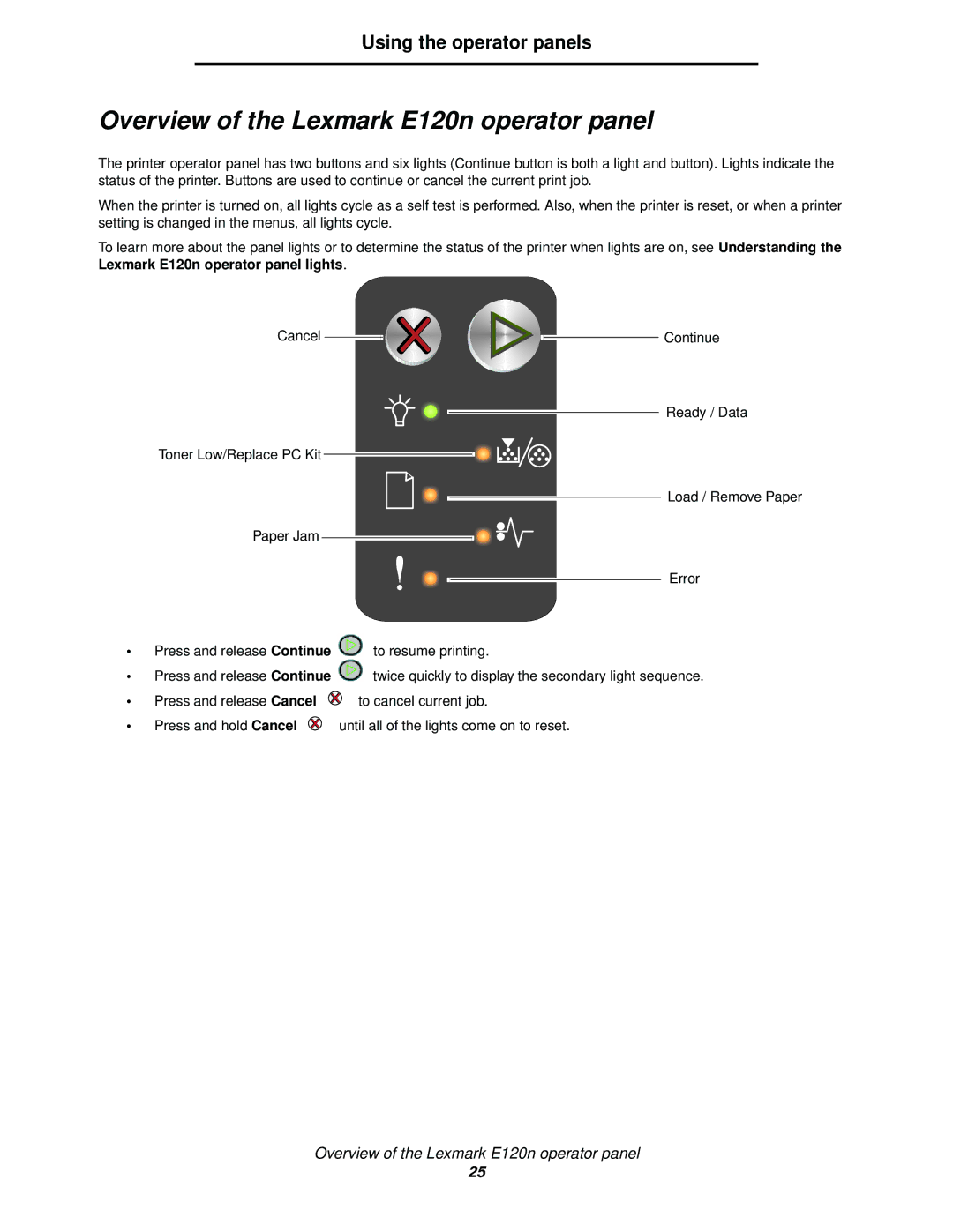 Lexmark manual Overview of the Lexmark E120n operator panel, Press and release Continue 