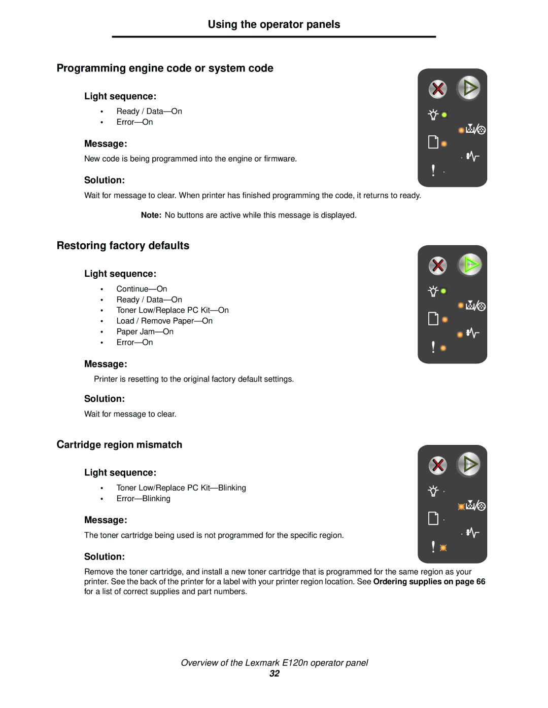 Lexmark 120 manual Toner Low/Replace PC Kit-Blinking Error-Blinking 