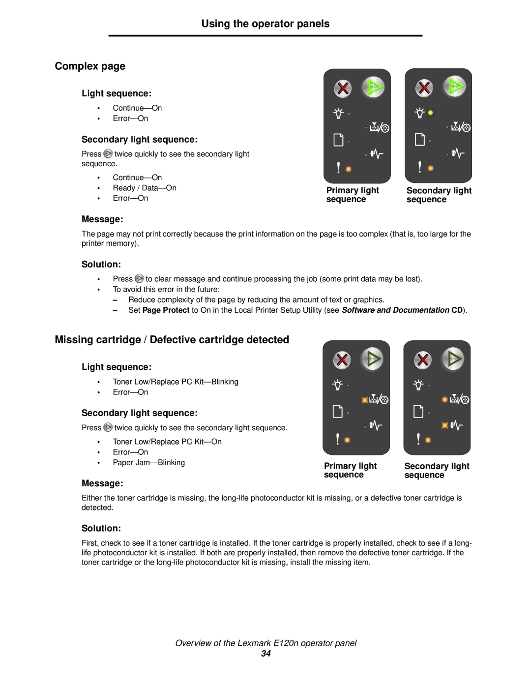 Lexmark 120 manual Missing cartridge / Defective cartridge detected, Ready / Data-On 