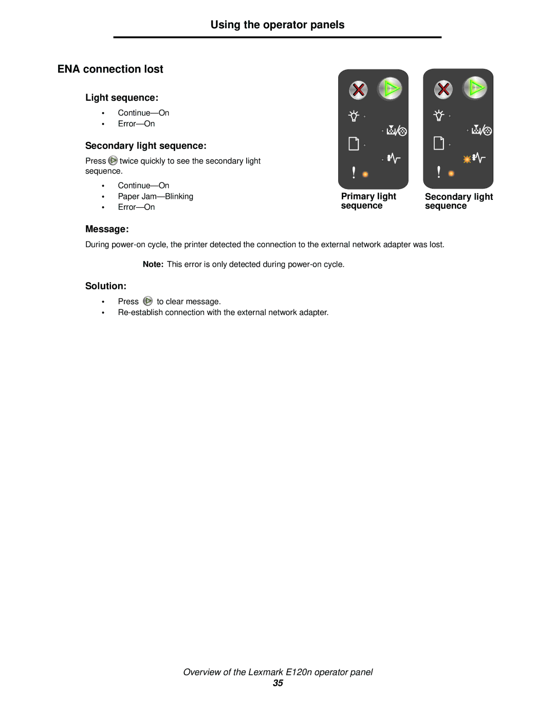 Lexmark 120 manual Using the operator panels ENA connection lost, Paper Jam-Blinking 