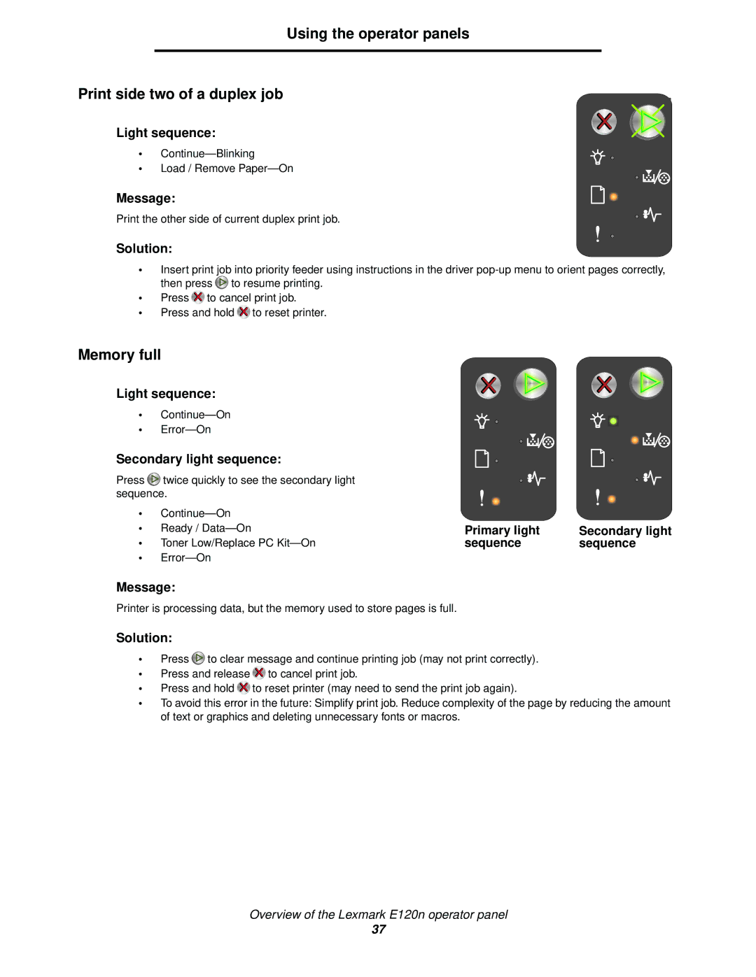 Lexmark 120 manual Continue-Blinking Load / Remove Paper-On 