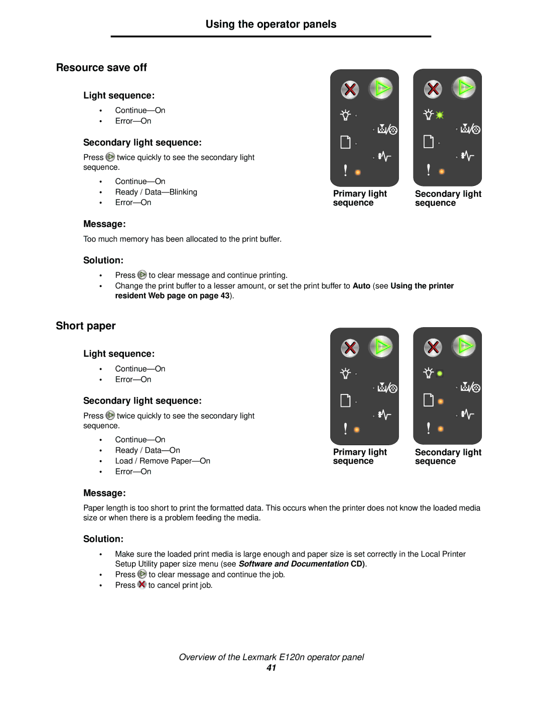 Lexmark 120 manual Using the operator panels Resource save off, Short paper 