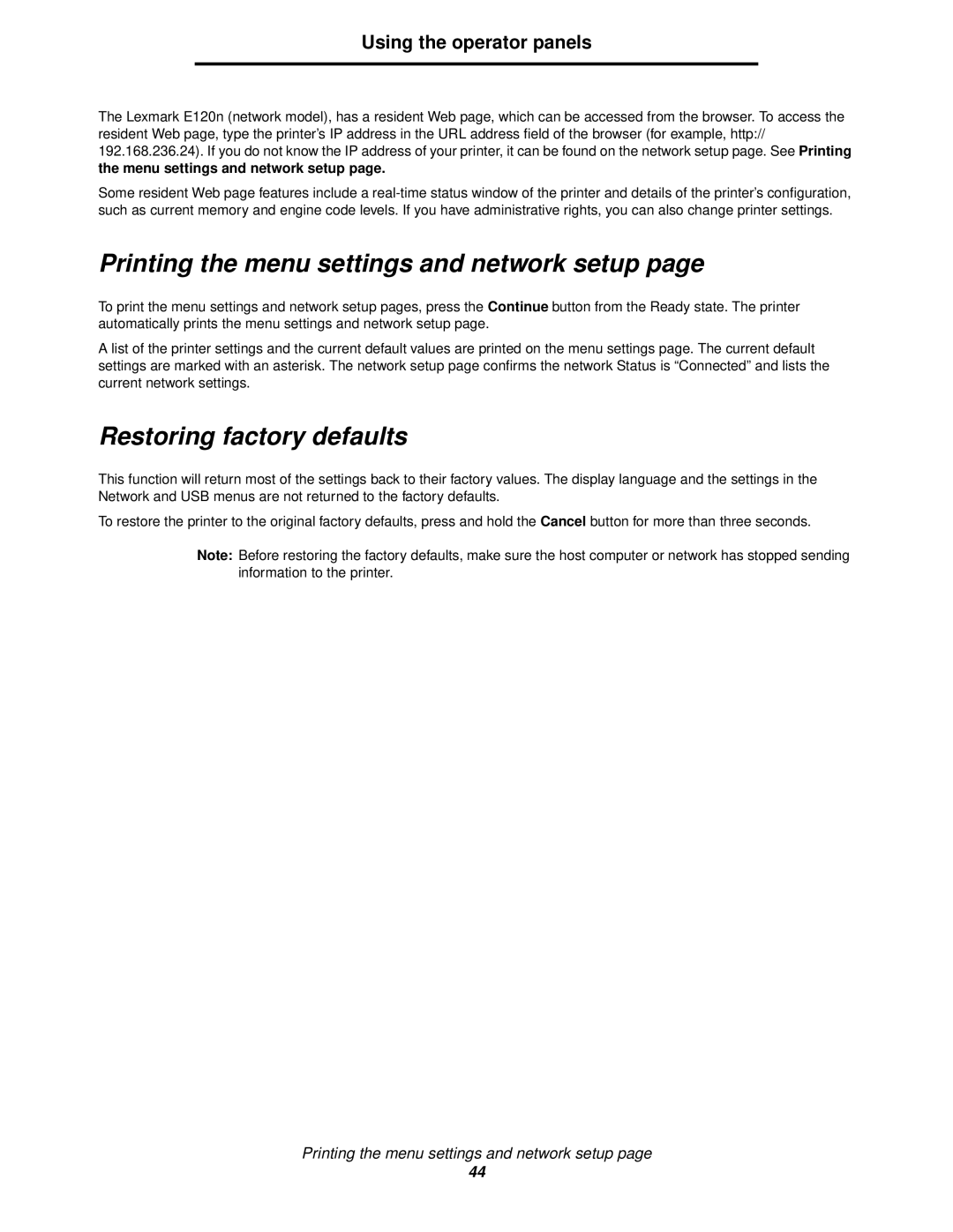 Lexmark 120 Printing the menu settings and network setup, Restoring factory defaults, Menu settings and network setup 