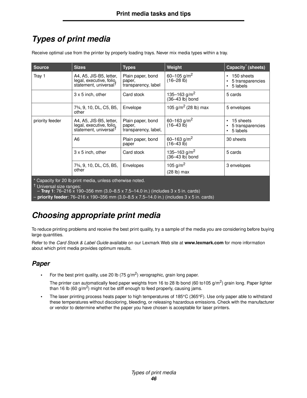 Lexmark 120 manual Types of print media, Choosing appropriate print media, Paper, Print media tasks and tips 