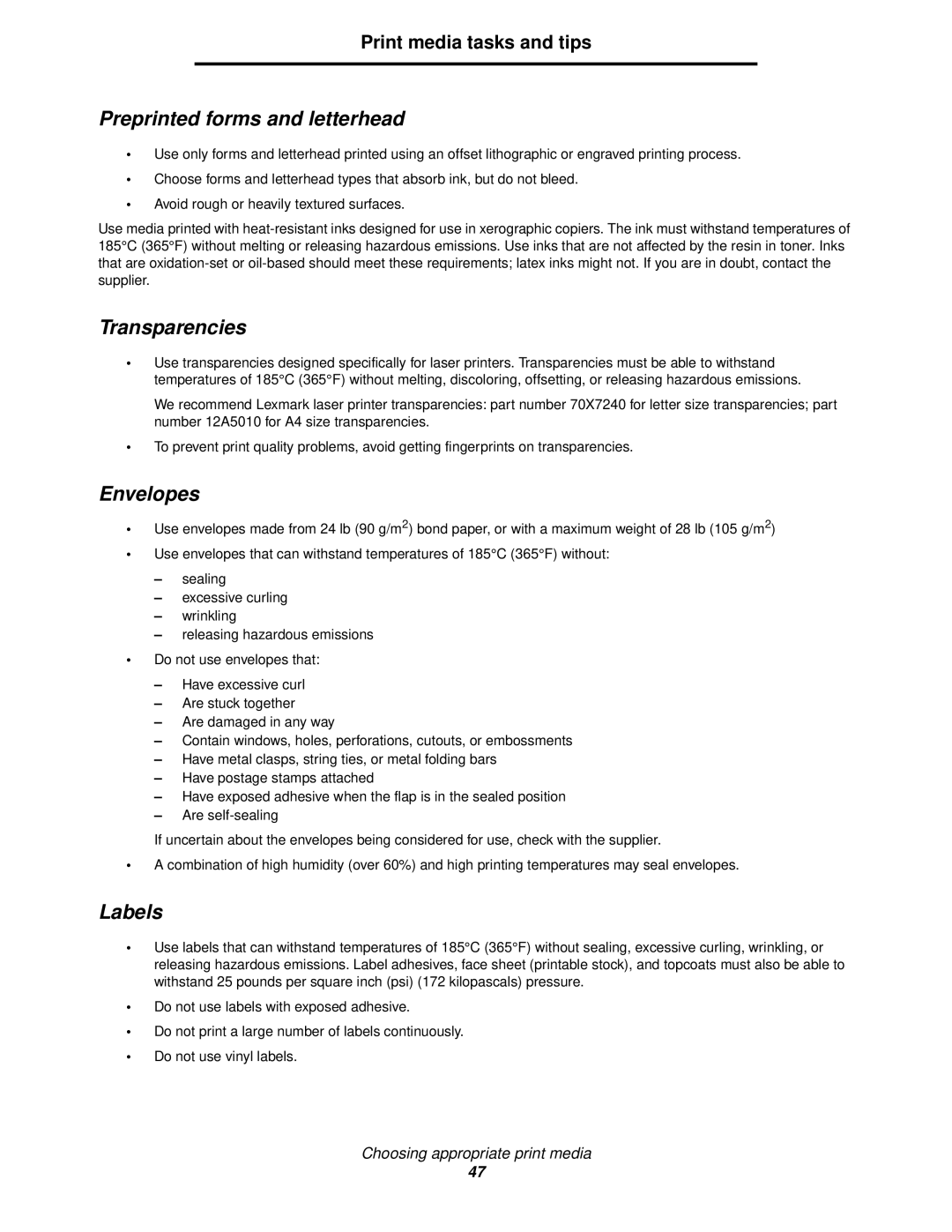 Lexmark 120 manual Preprinted forms and letterhead, Transparencies, Envelopes, Labels 