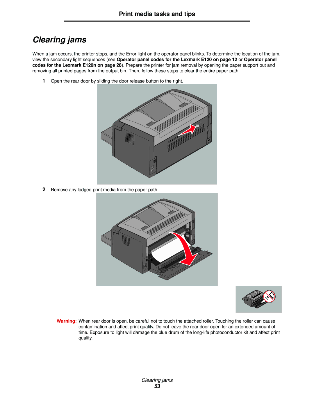 Lexmark 120 manual Clearing jams 