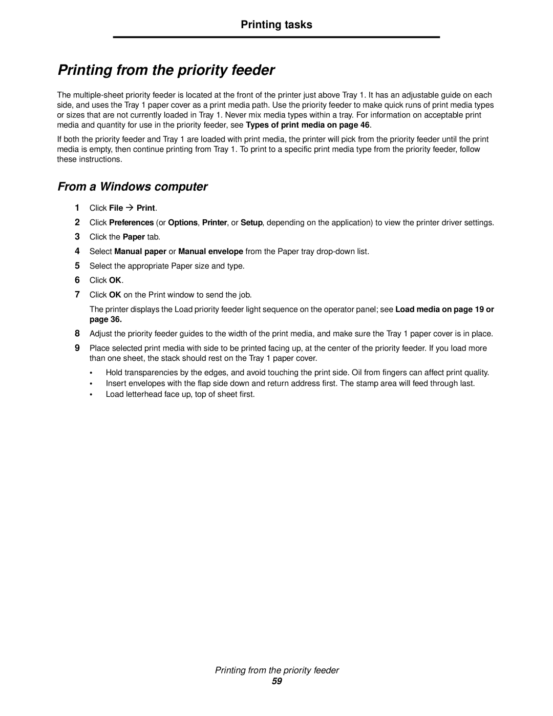 Lexmark 120 manual Printing from the priority feeder, From a Windows computer, Printing tasks, Click File Æ Print 