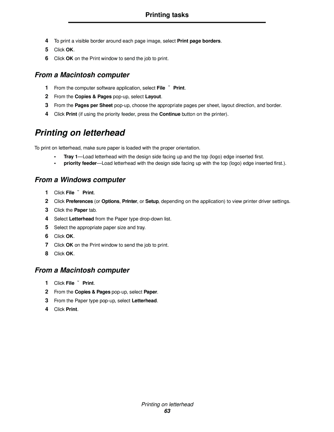 Lexmark 120 manual Printing on letterhead, From a Macintosh computer 