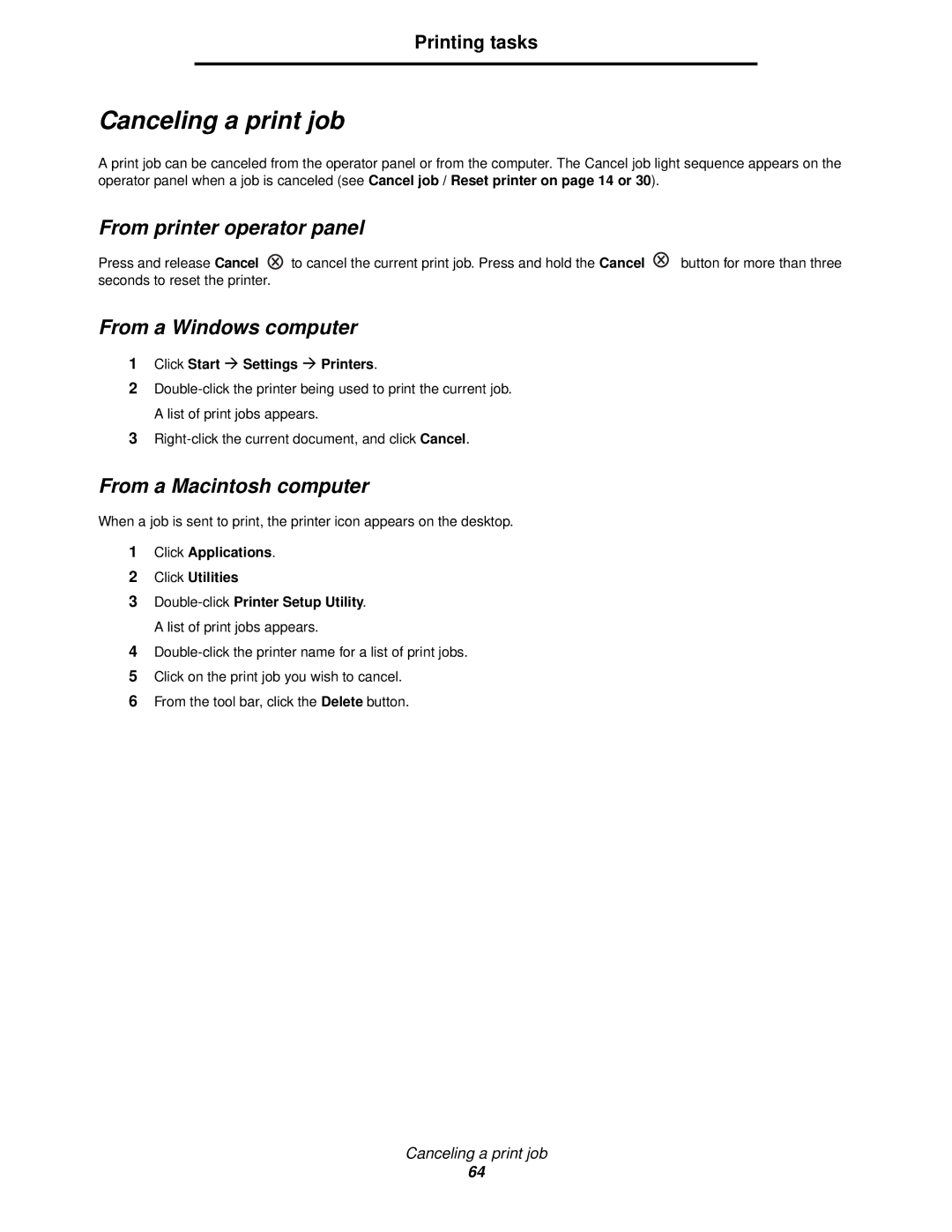 Lexmark 120 manual Canceling a print job, From printer operator panel, Click Start Æ Settings Æ Printers 