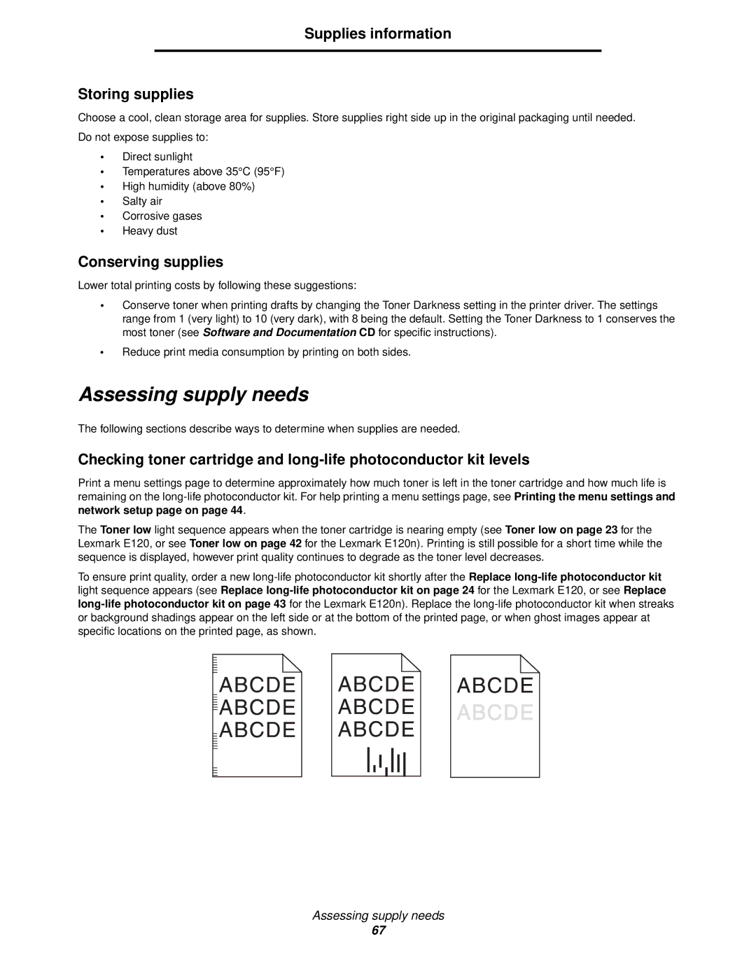 Lexmark 120 Assessing supply needs, Supplies information Storing supplies, Conserving supplies, Network setup page on 