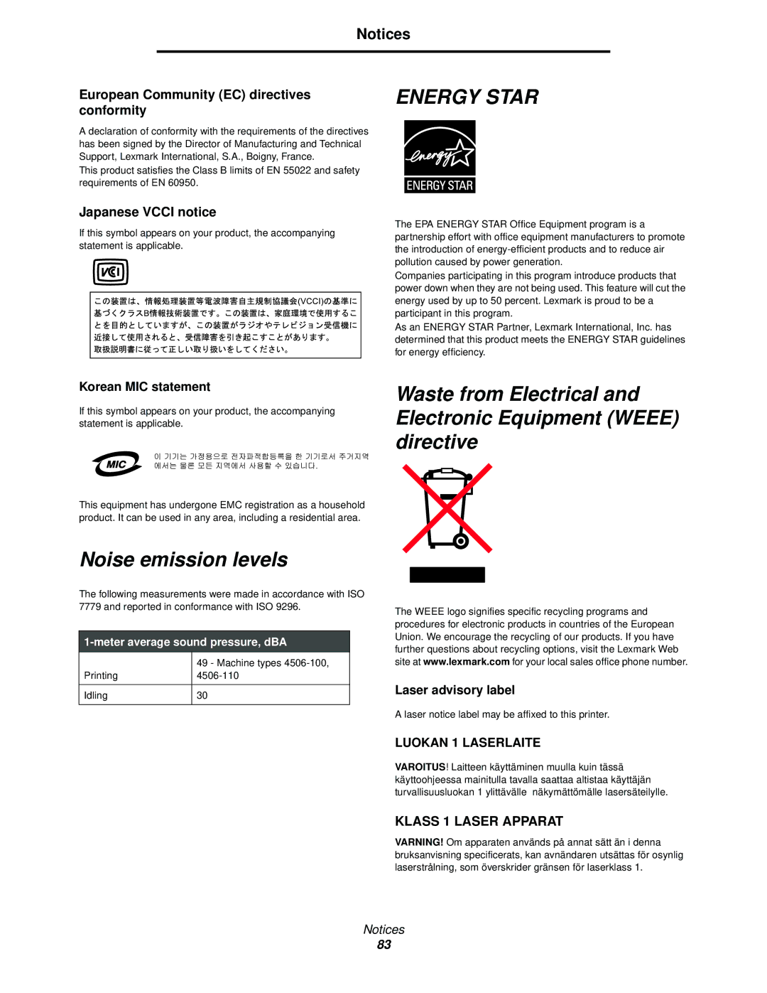 Lexmark 120 manual Energy Star, Noise emission levels 