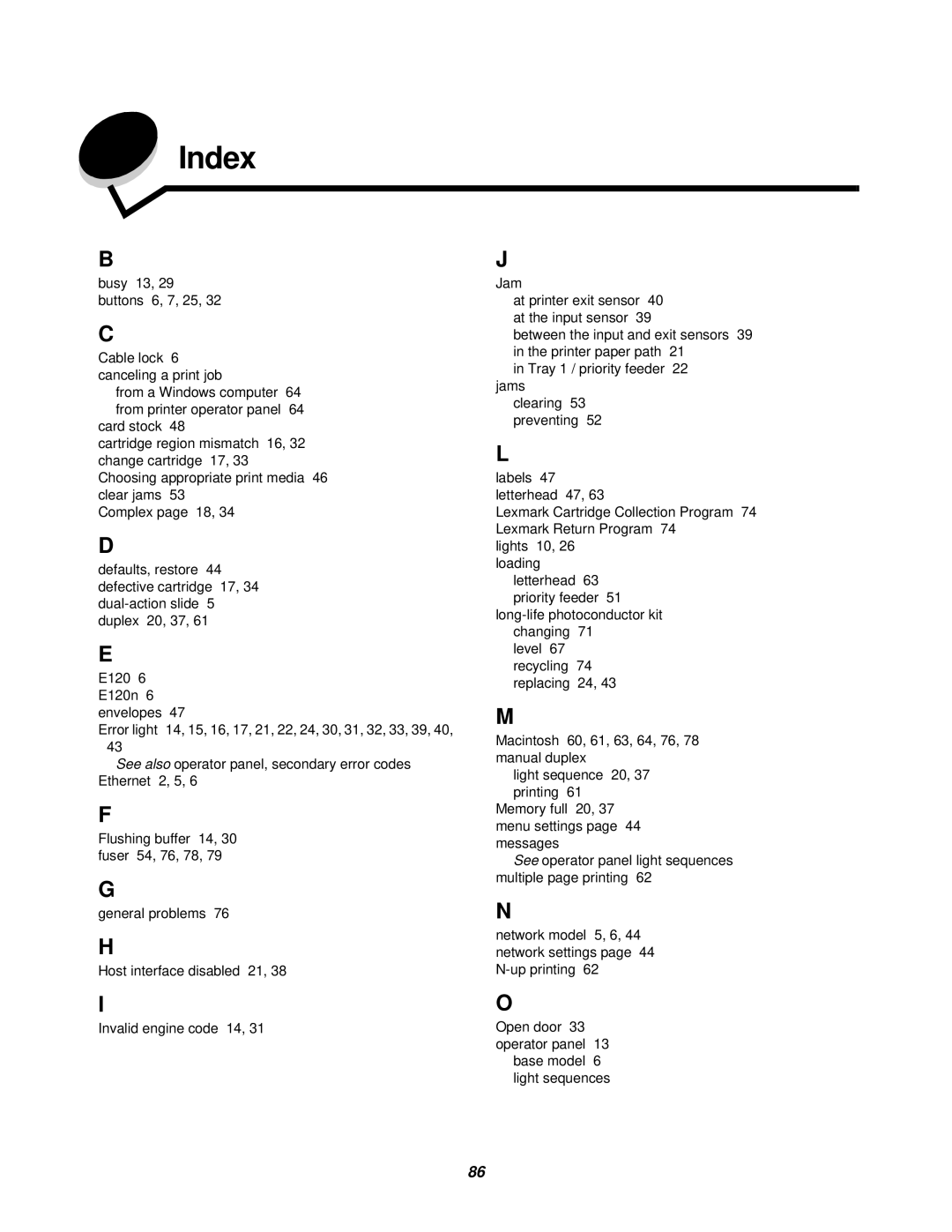 Lexmark 120 manual Index 