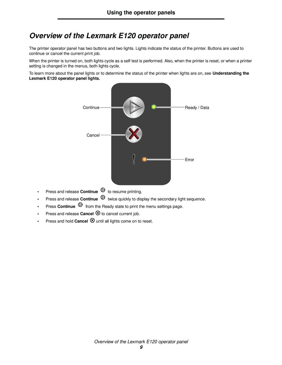 Lexmark Overview of the Lexmark E120 operator panel, Using the operator panels, Lexmark E120 operator panel lights 