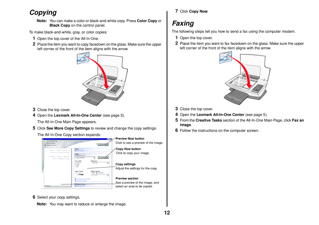 Lexmark 1200 Series manual Copying, Faxing, Click Copy Now, Open the Lexmark All-In-One Center see 