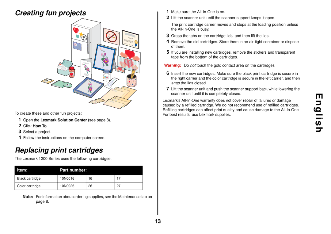 Lexmark 1200 Series Creating fun projects, Replacing print cartridges, Part number, Open the Lexmark Solution Center see 