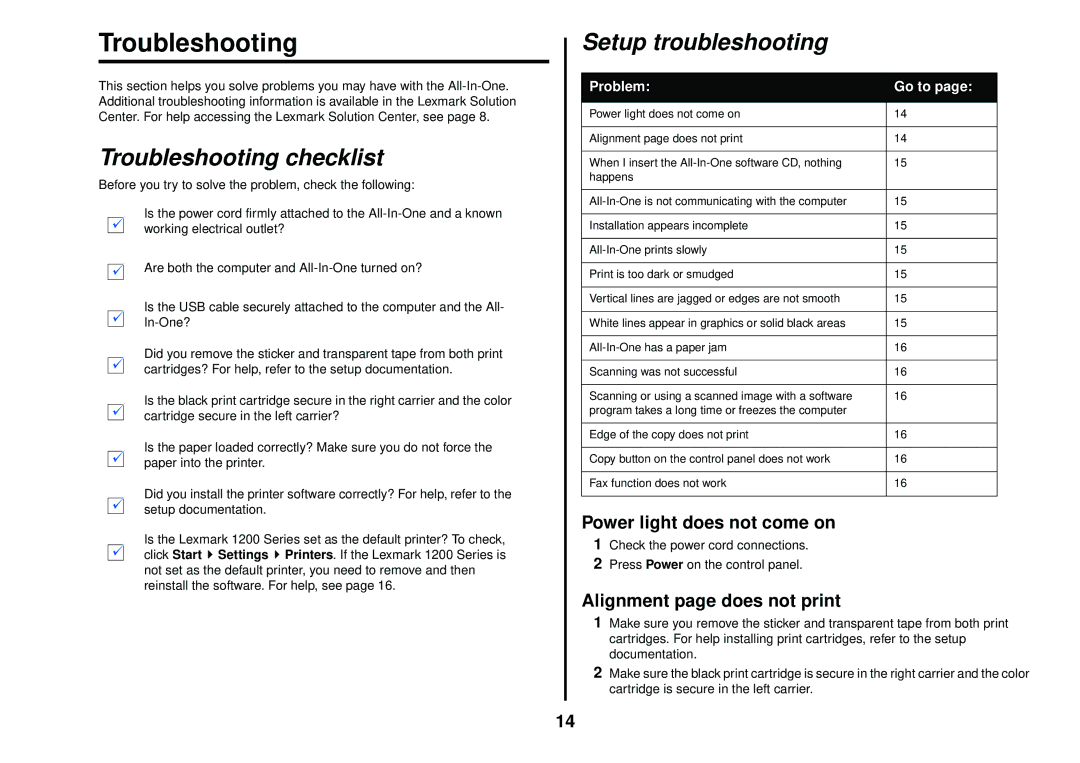 Lexmark 1200 Series manual Troubleshooting checklist, Setup troubleshooting, Power light does not come on 