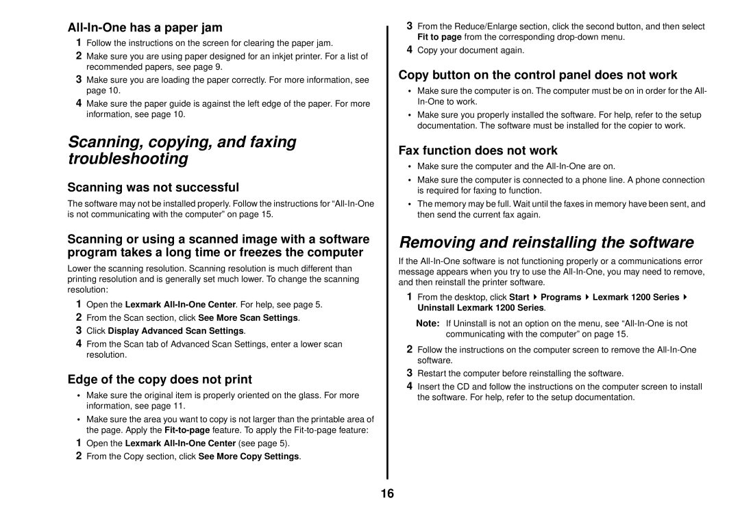 Lexmark 1200 Series manual Scanning, copying, and faxing troubleshooting, Removing and reinstalling the software 