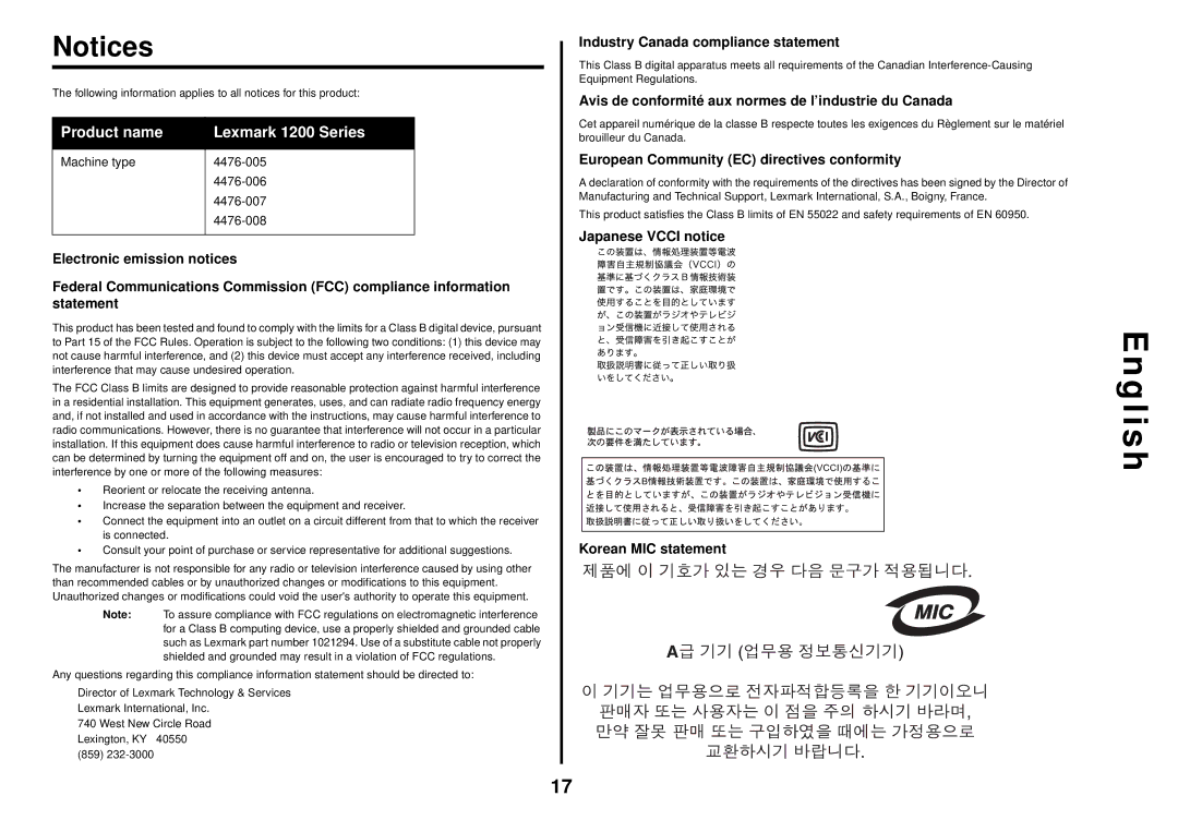 Lexmark manual Product name Lexmark 1200 Series, Industry Canada compliance statement 