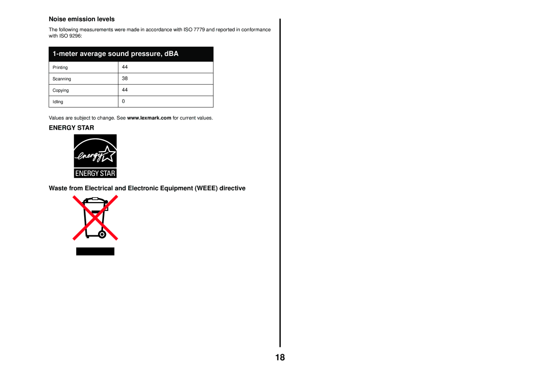 Lexmark 1200 Series manual Meter average sound pressure, dBA, Noise emission levels 