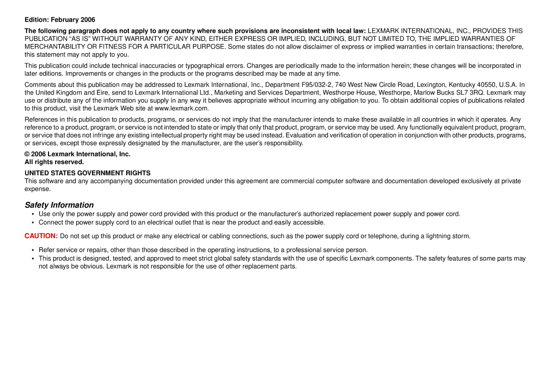 Lexmark 1200 Series manual Lexmark International, Inc. All rights reserved, United States Government Rights 